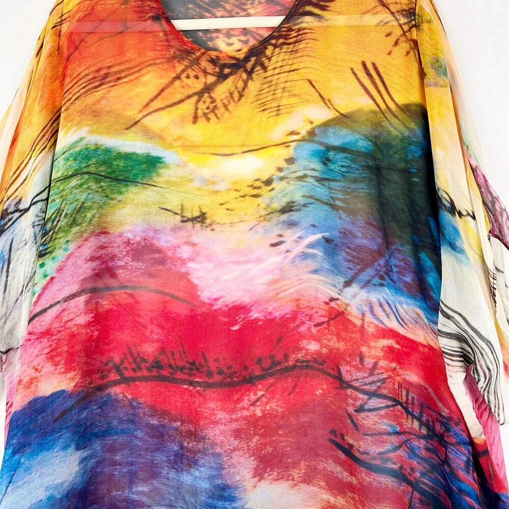 Cocoon House Silk Sheer Poncho Topper Small/Medium Art To Wear Colorful Abstract - Picture 3 of 5